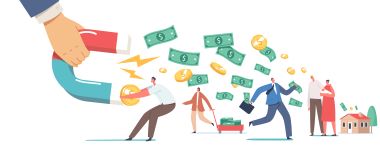 巨手持磁鐵吸引男女人物試圖逃離的金錢。